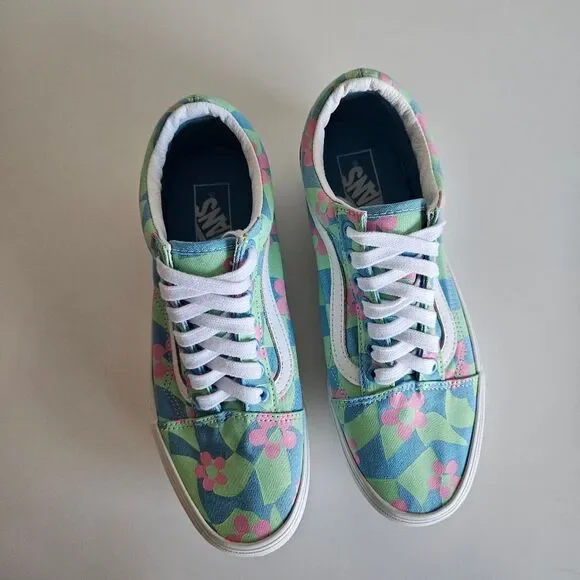 Vans | Old Skool Stacked Checkered Floral Blue Platform Shoes, Womens 9 - Picture 7 of 11
